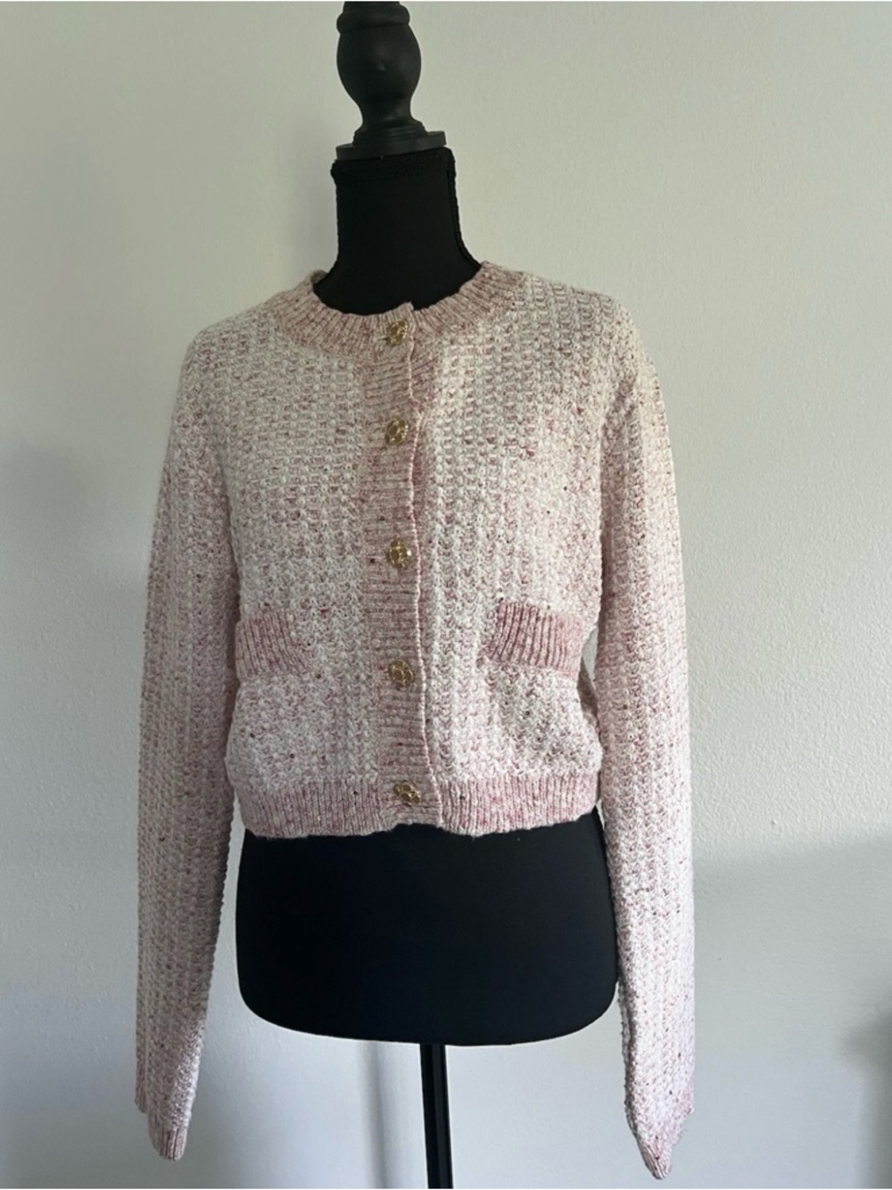 Light Pink Textured Knit Button-Up Cardigan